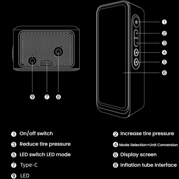Portable digital air pump with display screen, buttons, and inflation tube interface