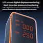 Portable air pump close-up with orange LED digital pressure readout on front panel