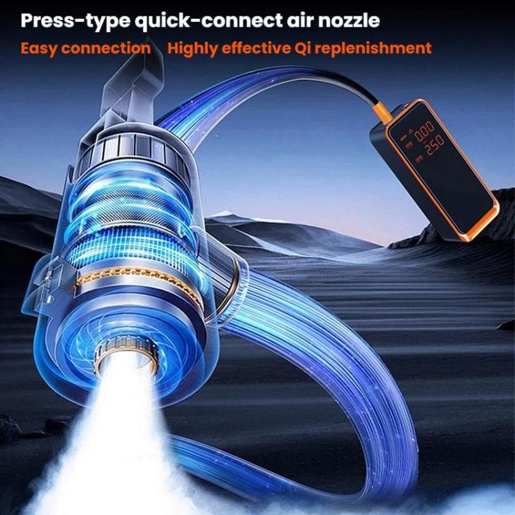 Portable air pump connected with a press-type nozzle and visible orange LED screen