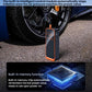 Portable air pump positioned by a tire, orange LED display and compact rectangular body