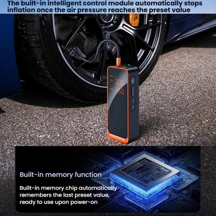 Portable air pump positioned by a tire, orange LED display and compact rectangular body