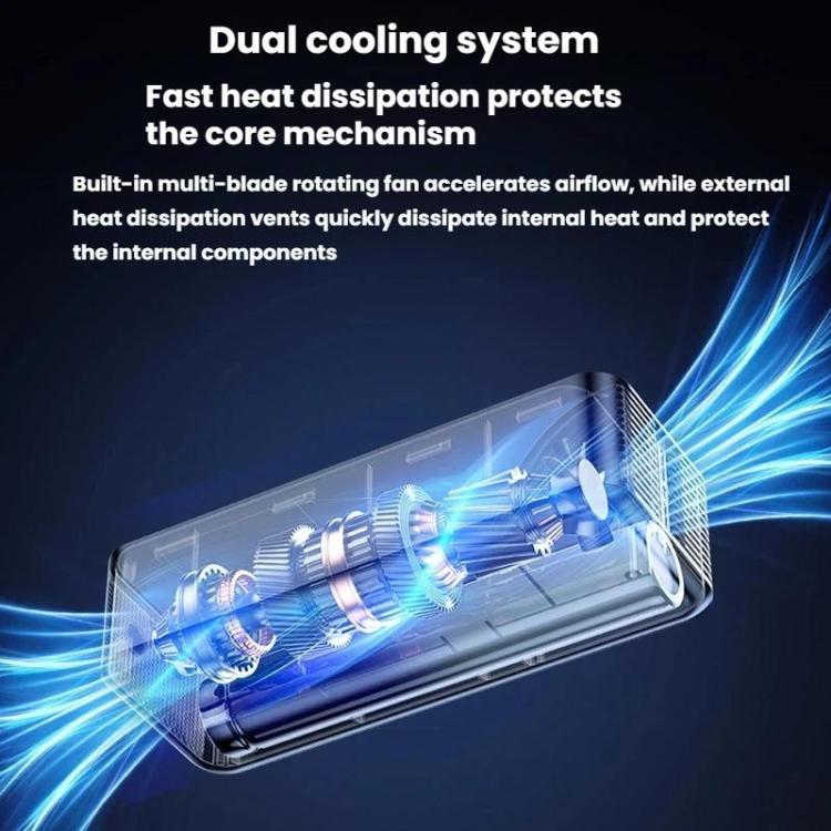 Portable air pump internal fan cooling view with glowing airflow through the cylinder