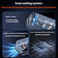 Portable air pump cooling system diagram with fan and heat-dissipation airflow graphics