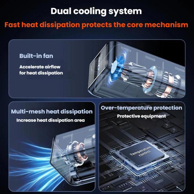 Portable air pump cooling system diagram with fan and heat-dissipation airflow graphics