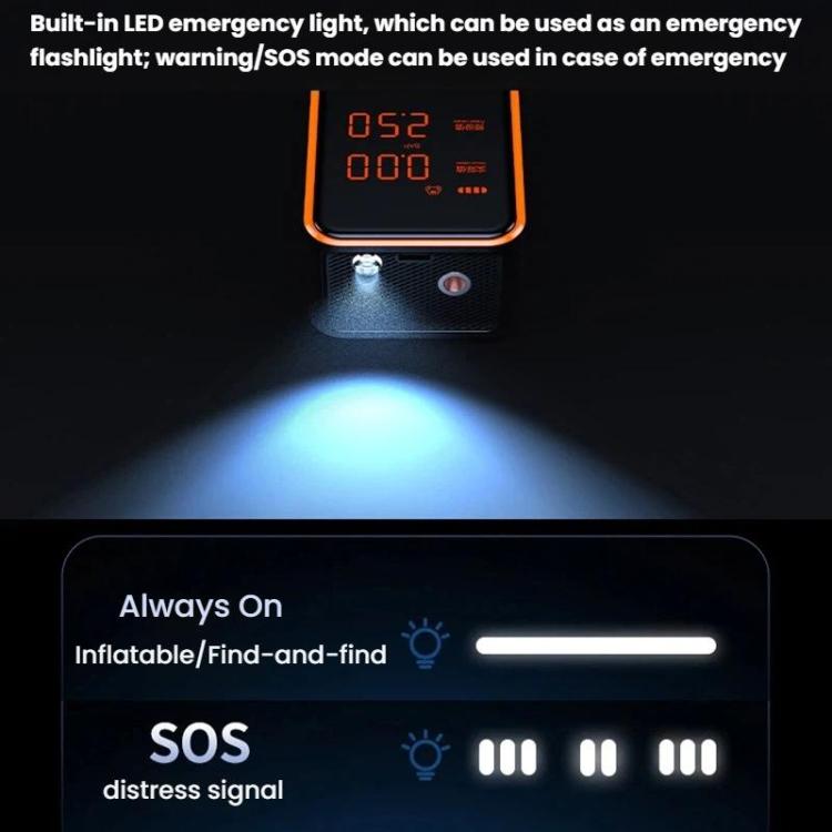 Portable air pump with built-in LED emergency light glowing and SOS-style display modes