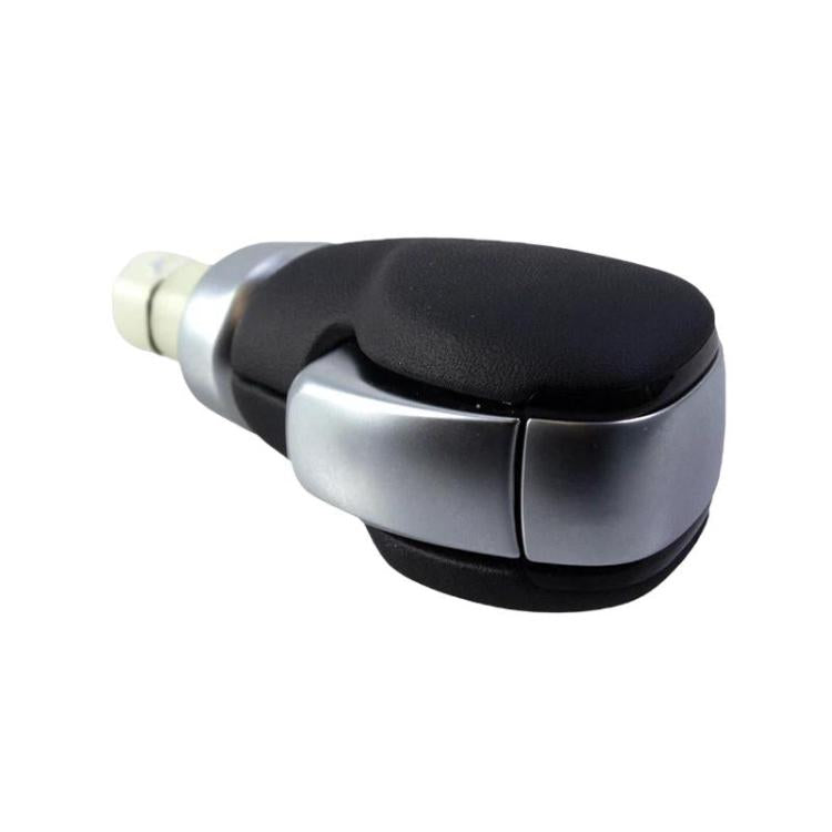 Car shift knob with black grip and chrome-like trim, with base collar