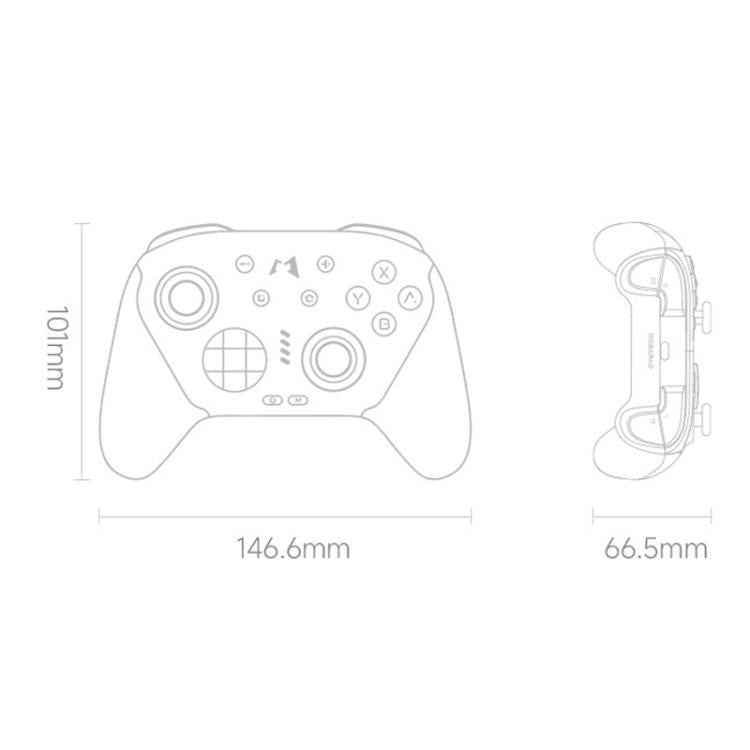 White game controller size diagram showing front controller and side grip