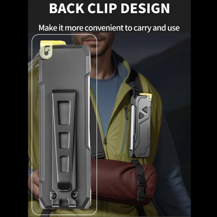EDC flashlight with back clip attachment, yellow lanyard loop, and rectangular control panel
