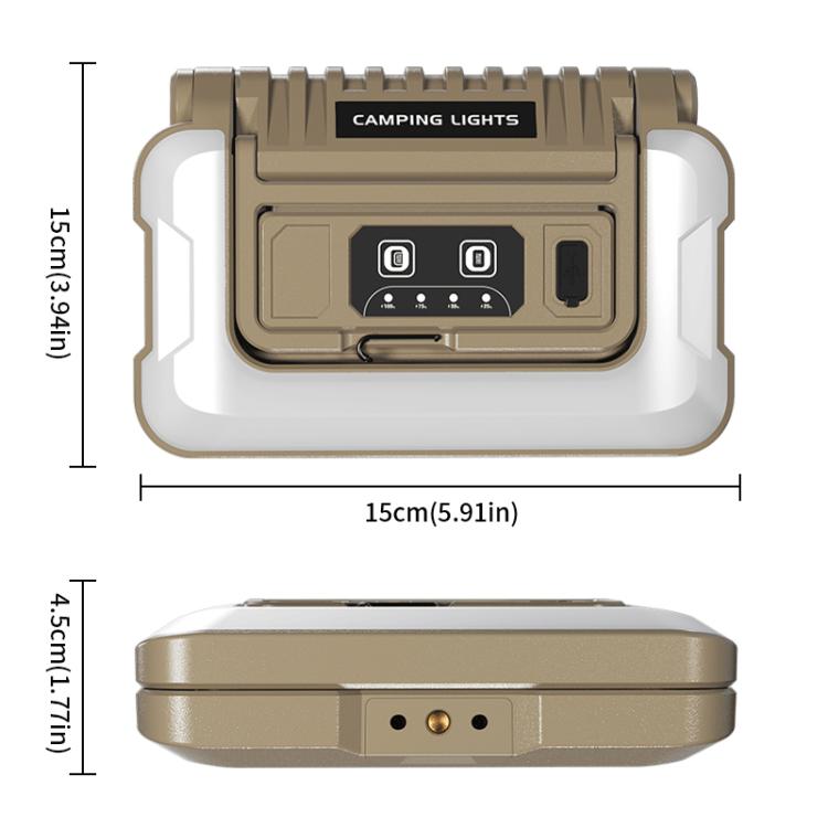Foldable camping light with control panel, tan rectangular body, angled design