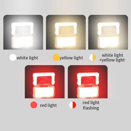 Camping fold light showing multiple brightness modes with white and red glow panels