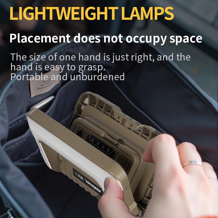 Foldable camping light stored in a compact bag, tan casing with control buttons