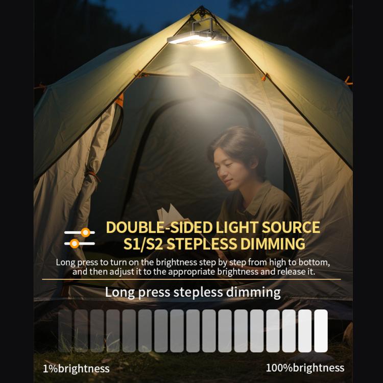 Double-sided camping light overhead in tent, tan housing with bright white output
