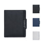 Men's compact wallet, black textured exterior with logo and card slot panel