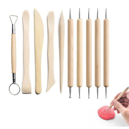 10-piece pottery sculpting tool set with wooden handles; includes metal loop tools for carving