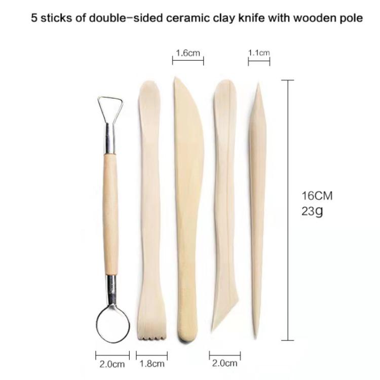 Five double-sided ceramic clay knife tools with wooden handles and pointed edges, size labeled