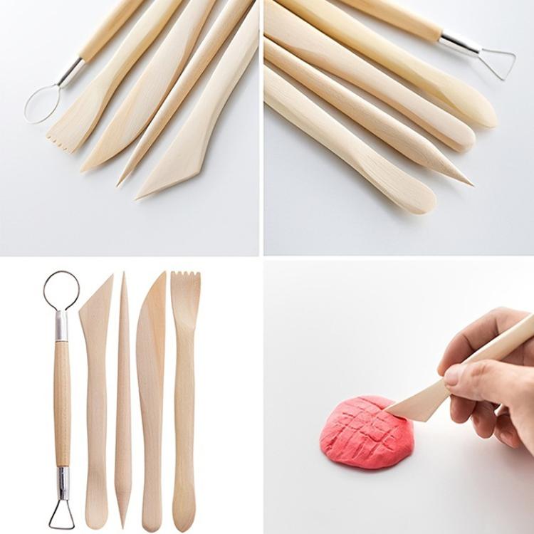Wood-handled pottery carving tools with ceramic knife tips; showing carving on clay