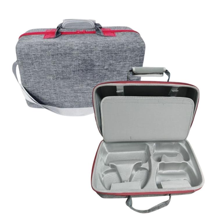 PS5 Slim console carrying case, gray, open front with cushioned headphone-style compartment