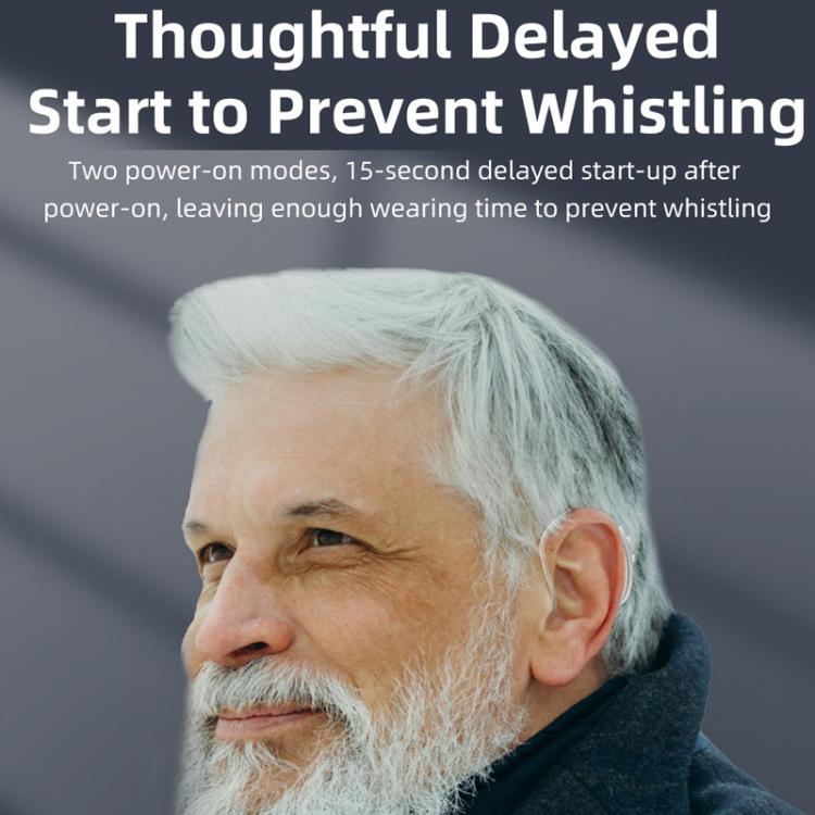 Behind-the-ear hearing aid feature graphic with delayed start to prevent whistling