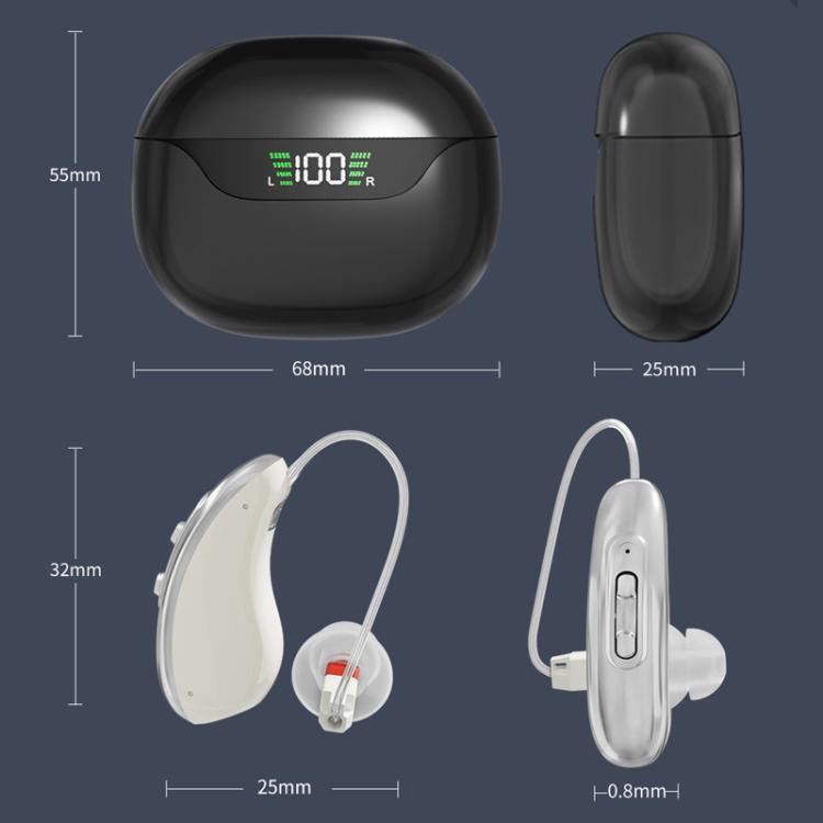 Dual behind-the-ear hearing aids and charging case with size diagram for fit