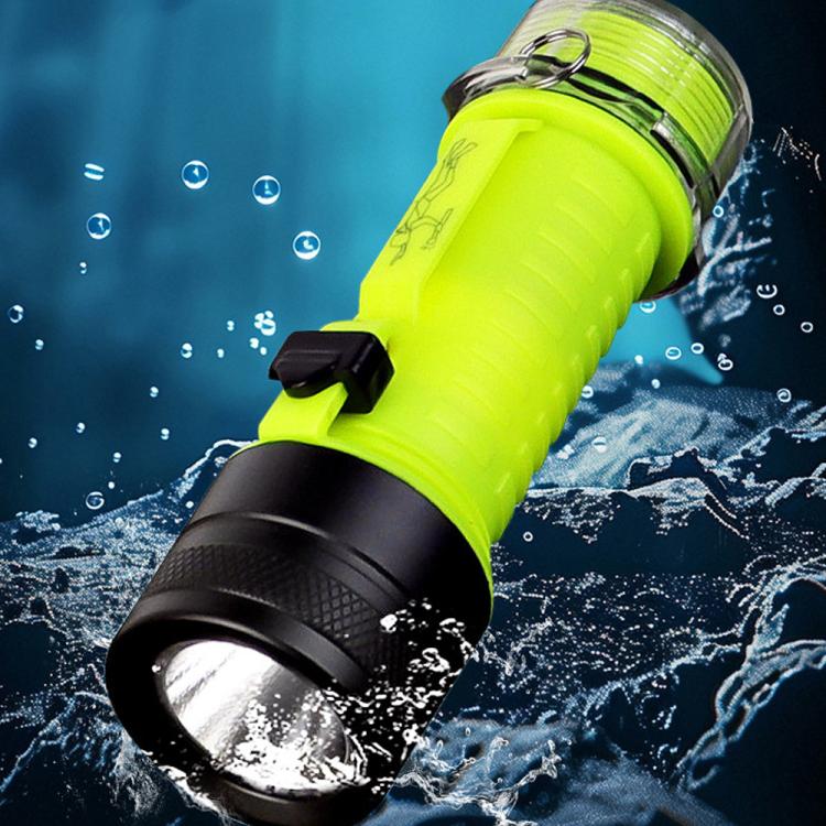 Waterproof diving flashlight with bright green body and wet, shining front lens