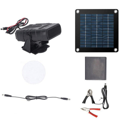 Portable black car heater device with solar panel and power cables, dual-mode design