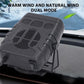 Portable black solar car heater close-up with vented grille and power switch