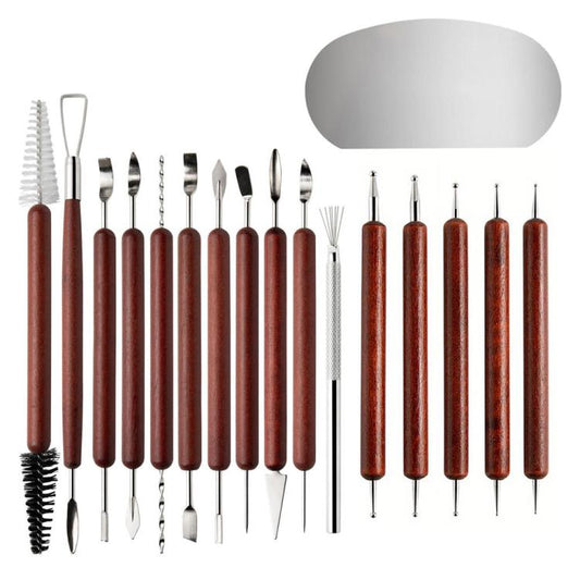 Clay sculpting tool set with rosewood-style handles and stainless steel carving tips