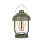 Olive green portable camping lantern with hanging handle and glowing filament bulbs
