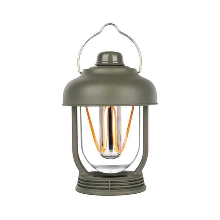 Olive green portable camping lantern with hanging handle and glowing filament bulbs
