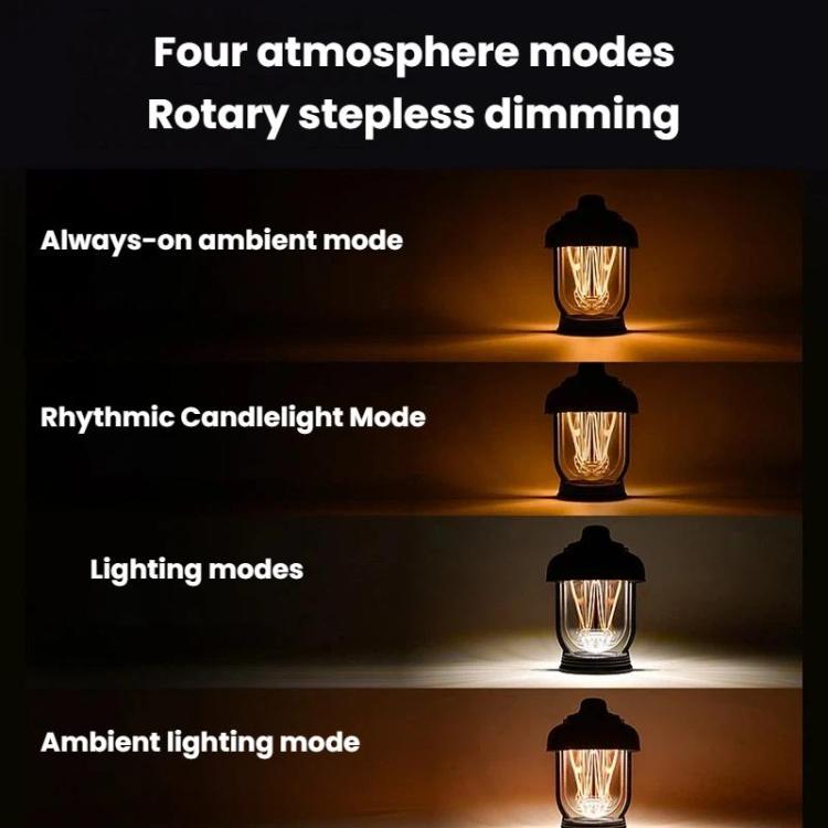 Black portable camping lantern warmly lit with multiple glowing filament strands