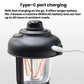 Black camping lantern with Type-C charging cable connected to side port