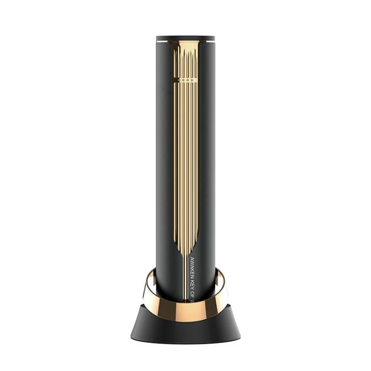 Electric bottle opener with indicator, black body and gold-toned spiral interior
