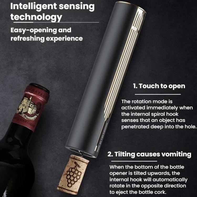 Electric bottle opener releasing a cork, black body with gold-toned spiral