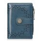 Women’s short wallet in blue oil-waxed leather with perforated pattern and zipper