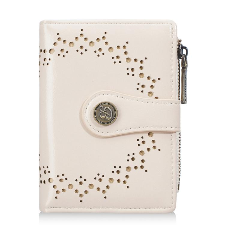 Women’s short wallet in white oil-waxed leather with perforated pattern and zipper