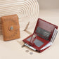 Women’s short wallet in tan and red, perforated leather design with zipper