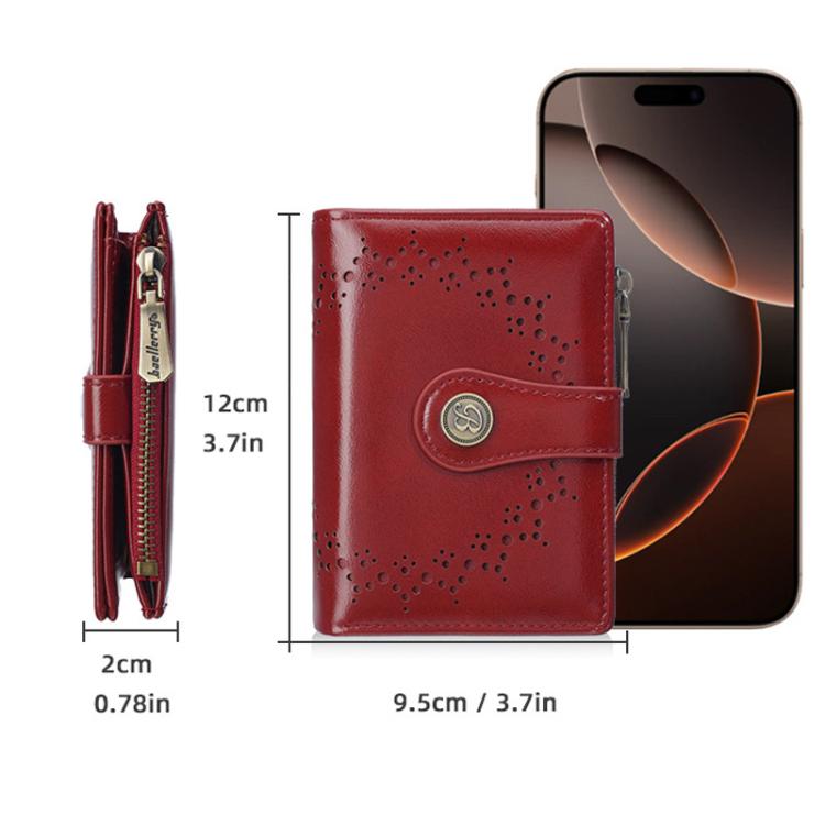 Red leather short wallet with perforated front and zipper coin pocket; 9.5 cm x 12 cm