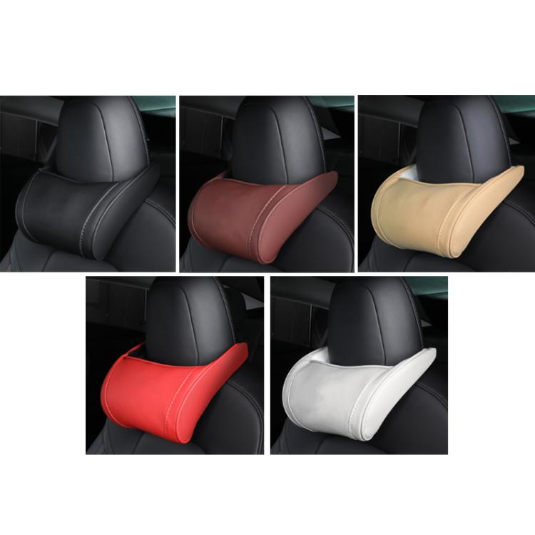 Leather seat neck pillow shown in black, coffee, beige, red, and white color options