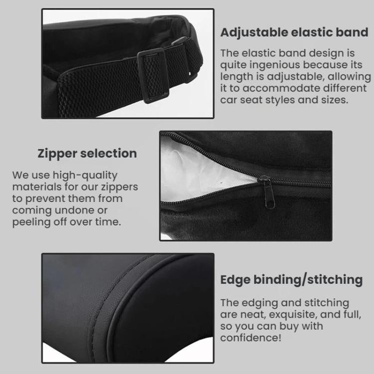Leather seat neck pillow with adjustable elastic band and zipper detail