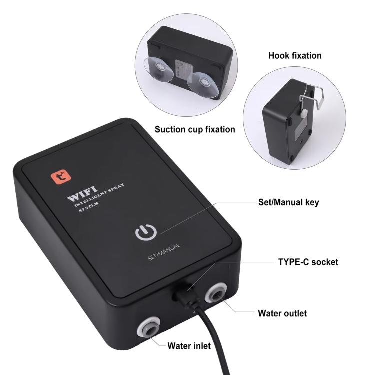 Black WiFi misting system controller with water inlet/outlet ports and USB-C