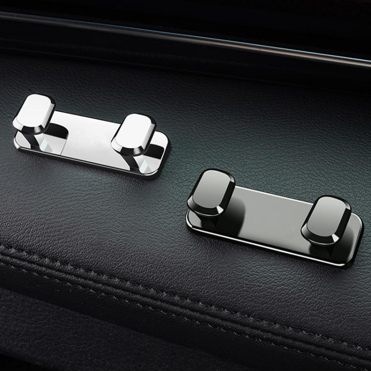 Two-piece adhesive storage hook set in light silver on car seat panel
