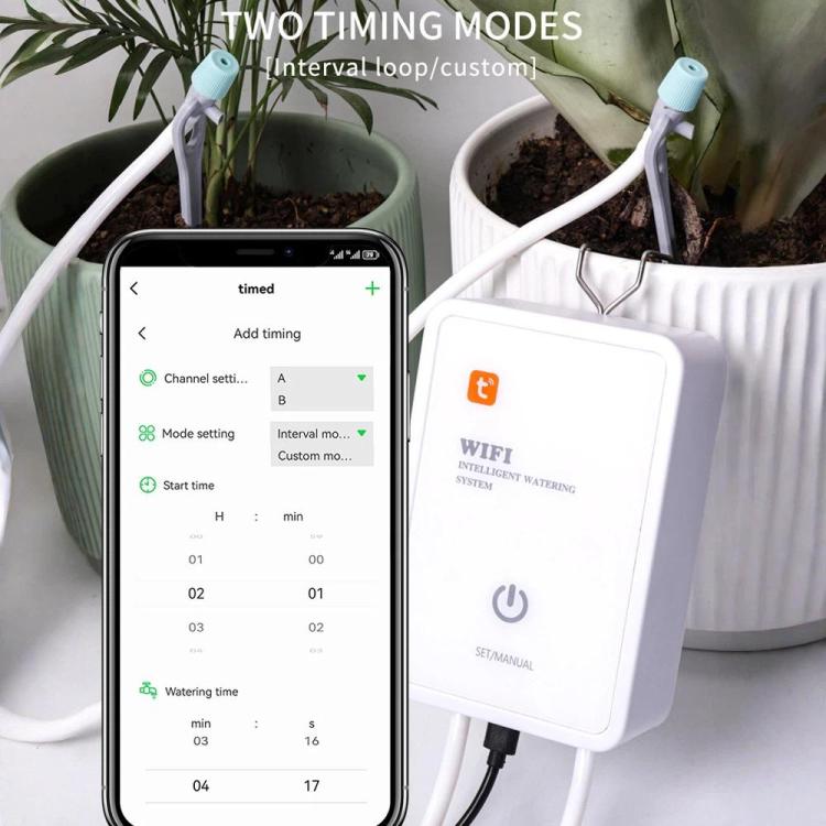 WiFi smart watering controller beside phone showing timed watering settings