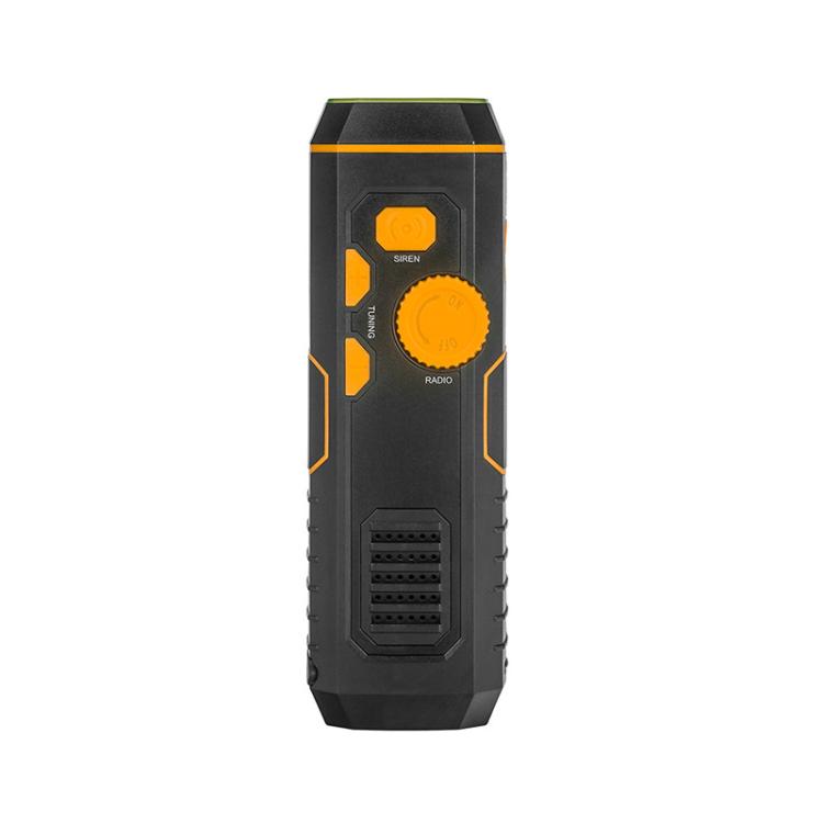 Orange-accent emergency flashlight radio torch with siren, speaker, and volume dial