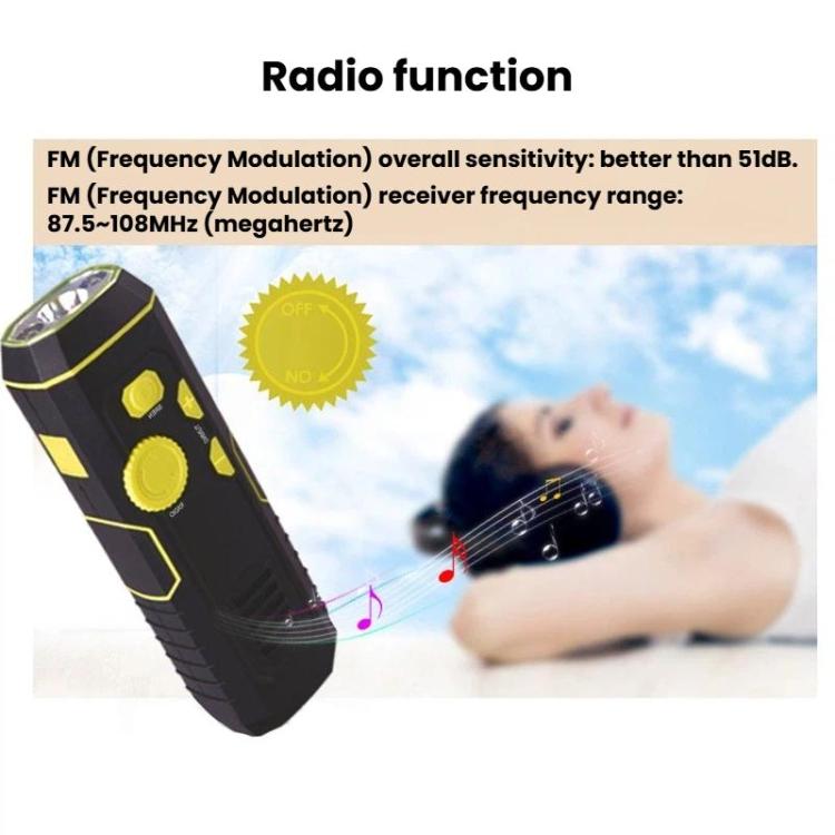 Emergency flashlight radio torch, angled view with yellow controls and radio speaker panel