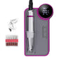 Portable rechargeable nail file with silver motor body, dark base, and included grinding bits