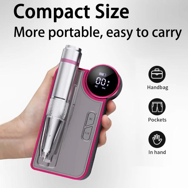 Compact handheld rechargeable nail file in hand with round LCD speed display