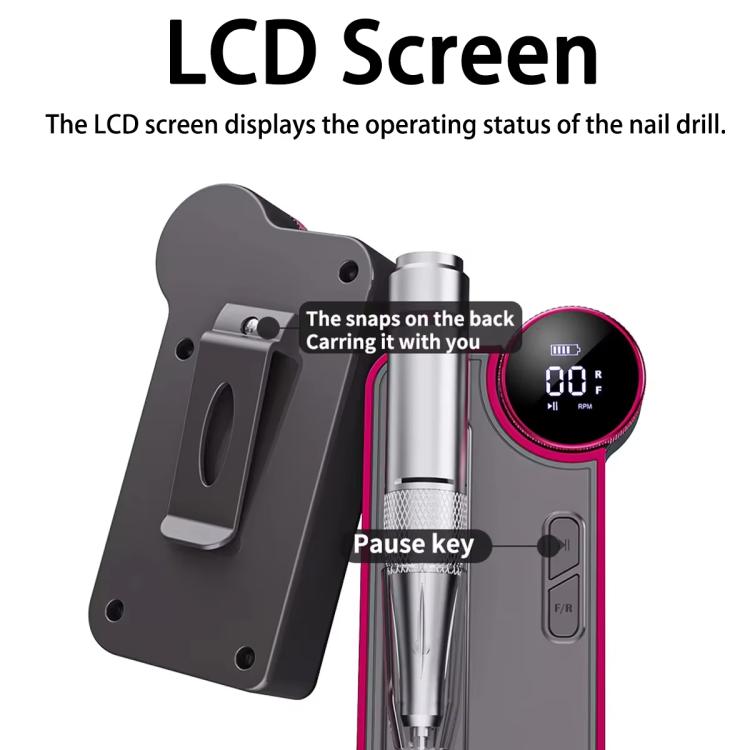 Rechargeable nail file with LCD screen, metal drill bit, and wall-mount bracket