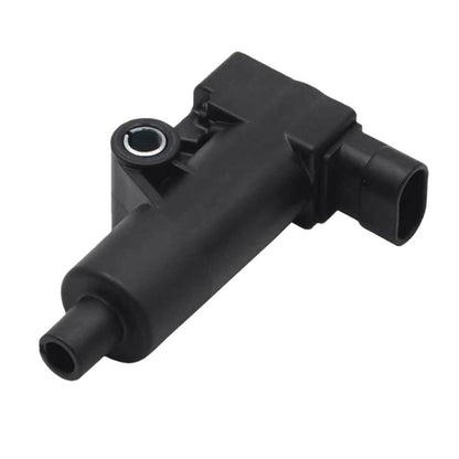 Black motorcycle ignition coil with electrical connector and mounting eye