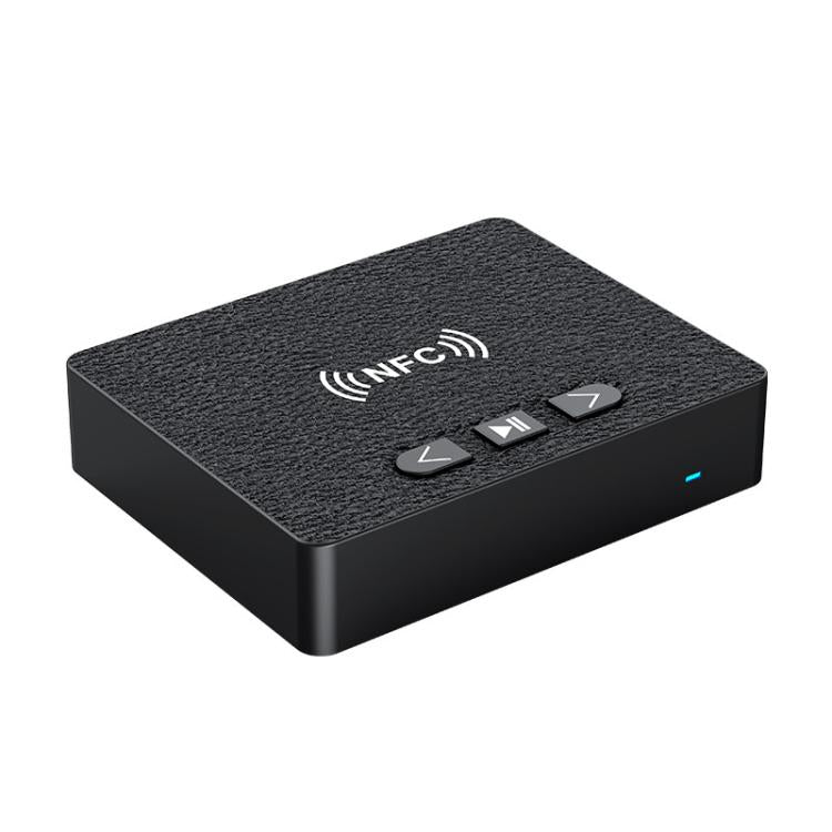 Black NFC Bluetooth audio receiver box with top buttons and small blue LED