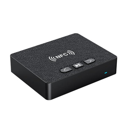 Black NFC Bluetooth audio receiver box with top buttons and small blue LED